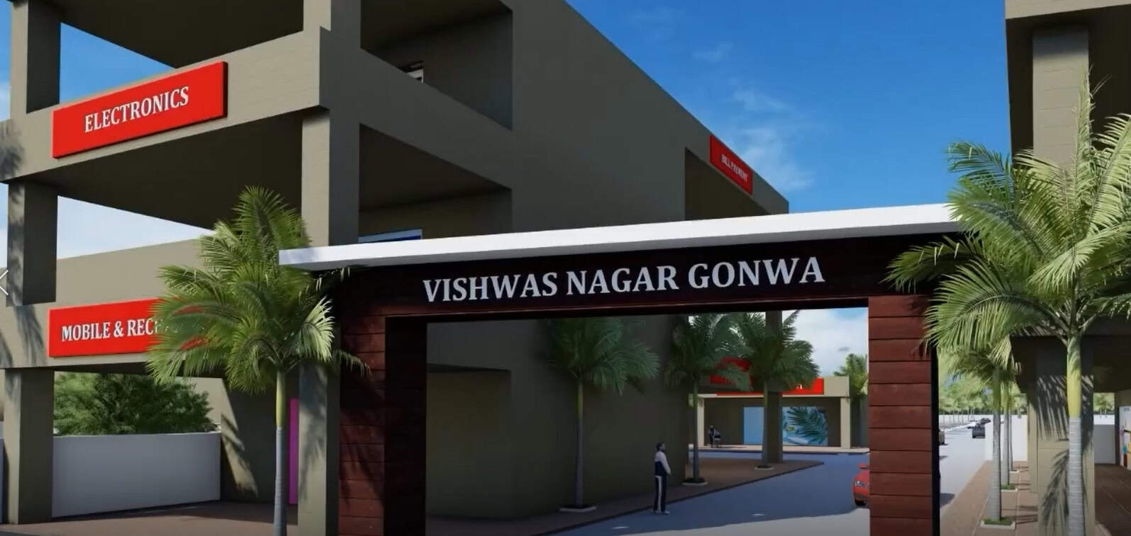 Modern residential complex entrance with lush landscaping at Vishwas Nagar Gonwa, featuring contemporary architecture, vibrant signage, and a welcoming gateway for homebuyers and visitors.